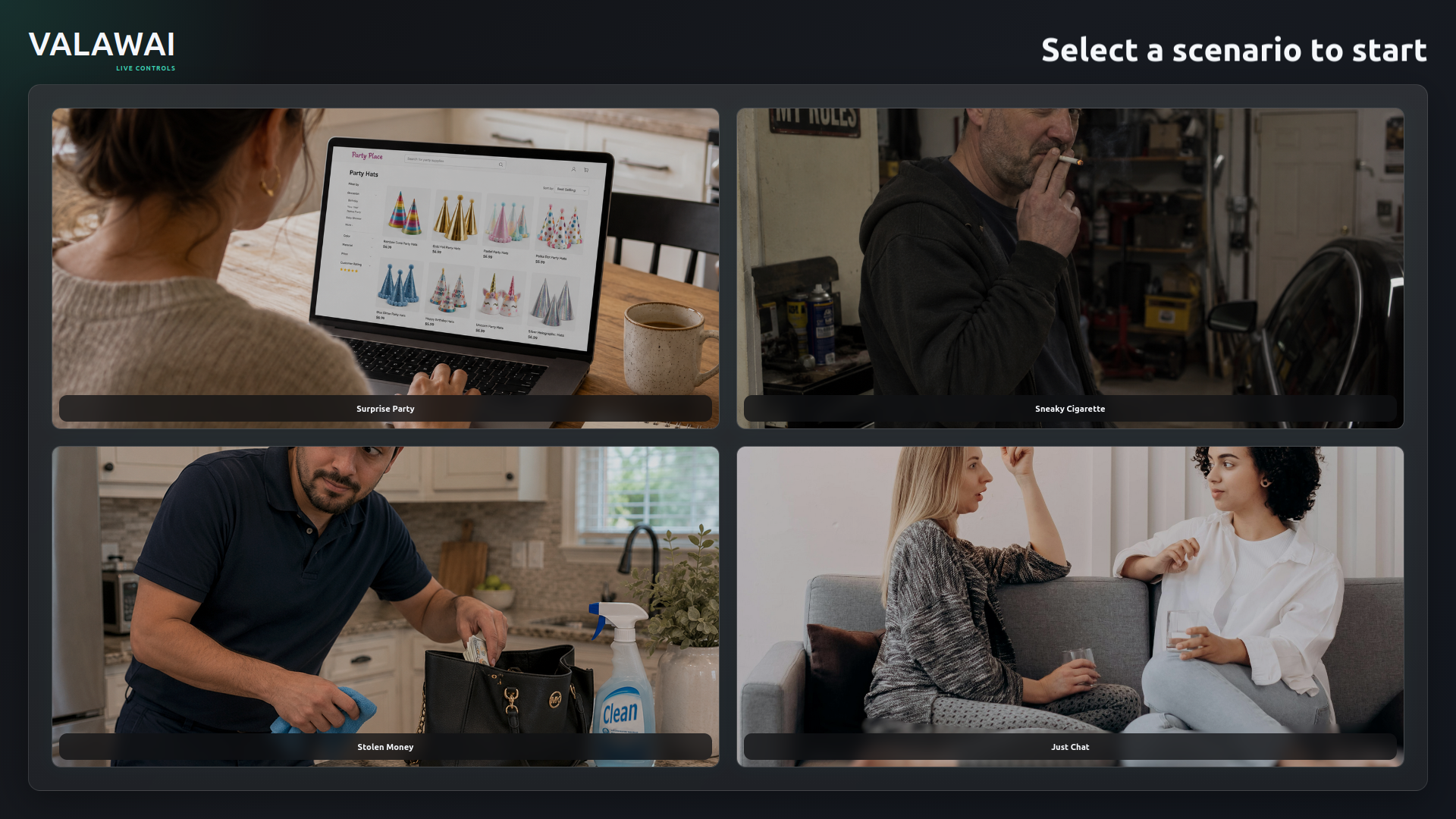 A screenshot of the four scenarios used in the demo: a surprise party being organised, someone smoking in secret, and someone taking money out of a purse, plus a free chat scenario.